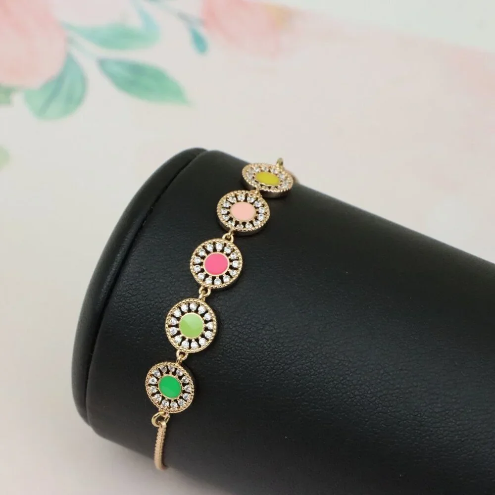 Rose Gold Adjustable Bracelet with Colorful CZ Disc Charms, XPAB0659